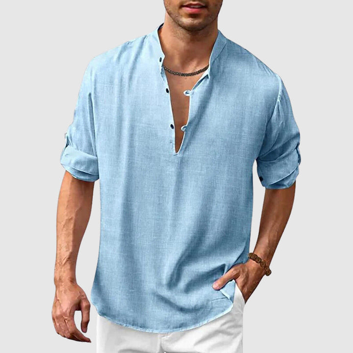 Chemise Henley homme lin coton manches 3/4 retroussables