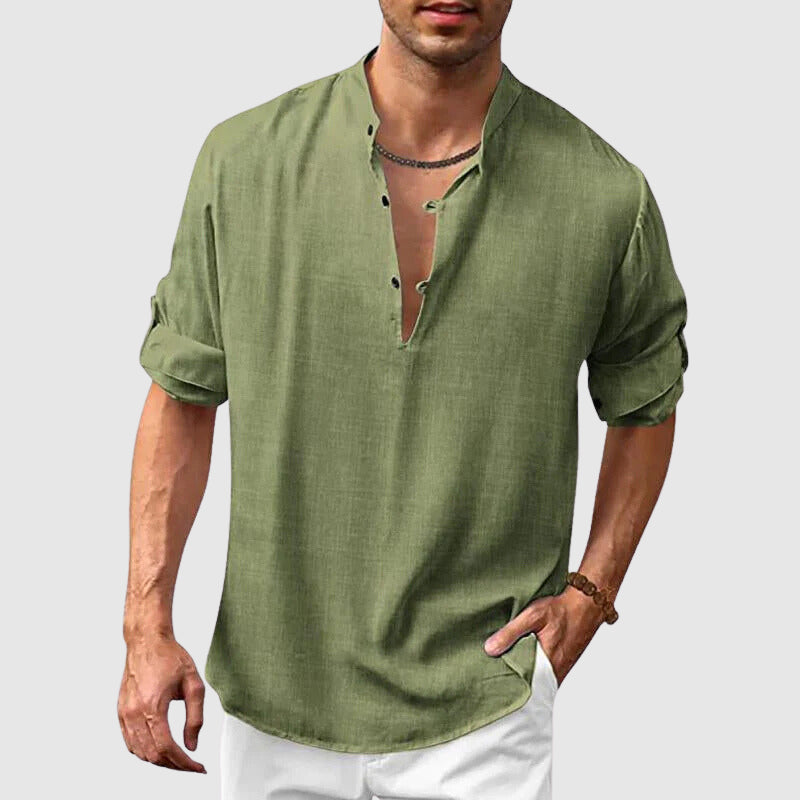 Chemise Henley homme lin coton manches 3/4 retroussables