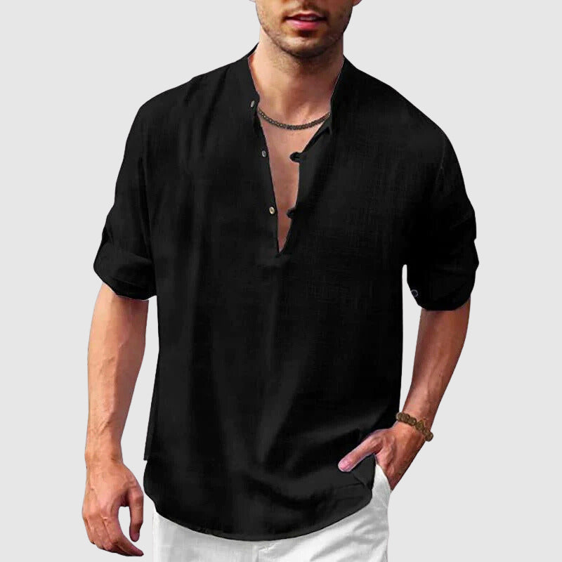 Chemise Henley homme lin coton manches 3/4 retroussables