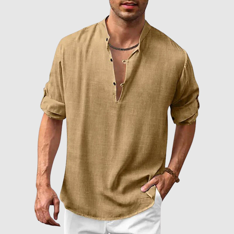 Chemise Henley homme lin coton manches 3/4 retroussables