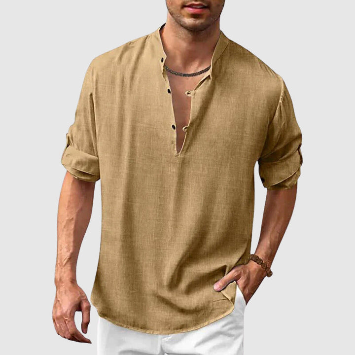 Chemise Henley homme lin coton manches 3/4 retroussables