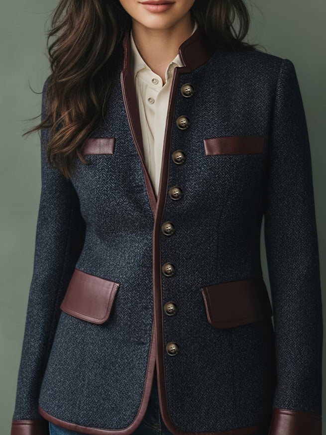 Lorvienne | Blazer Tweed Col Montant Détails Contrastés pour Femme