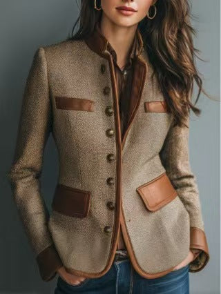 Lorvienne | Blazer Tweed Col Montant Détails Contrastés pour Femme