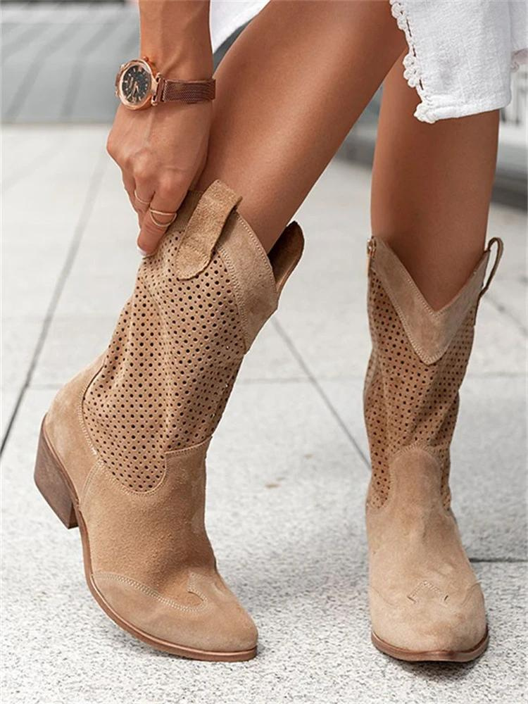 Bottines cowboy blanches perforées avec talon bloc