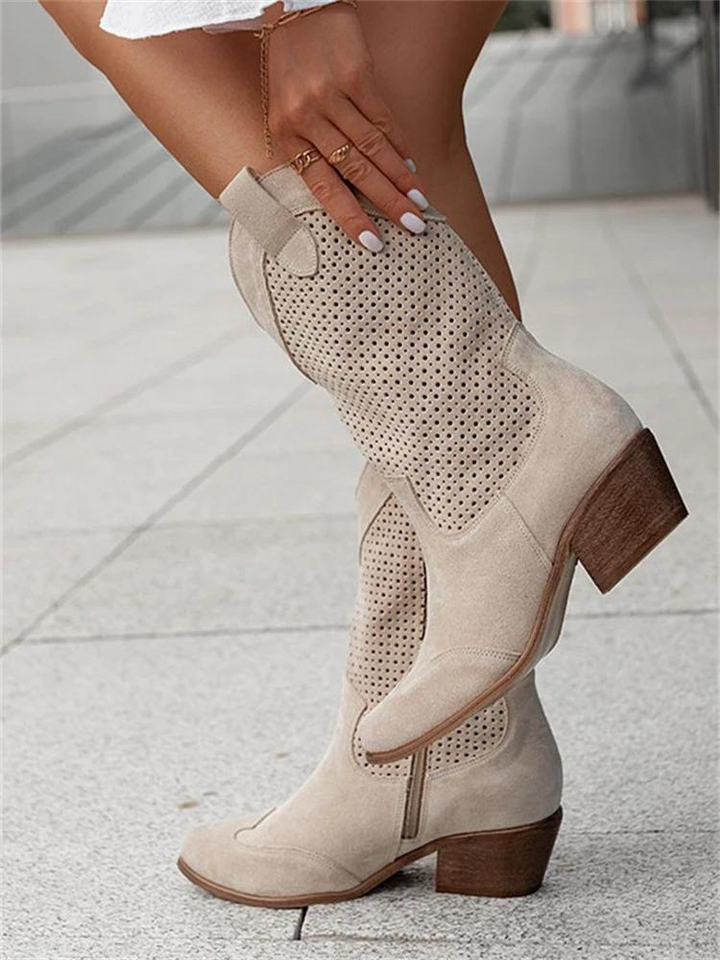 Bottines cowboy blanches perforées avec talon bloc