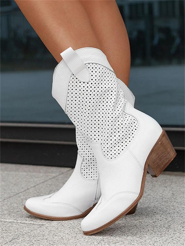 Bottines cowboy blanches perforées avec talon bloc
