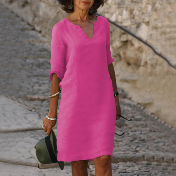 Solvane | Robe Midi Femme à Col en V et Manches Trois Quarts