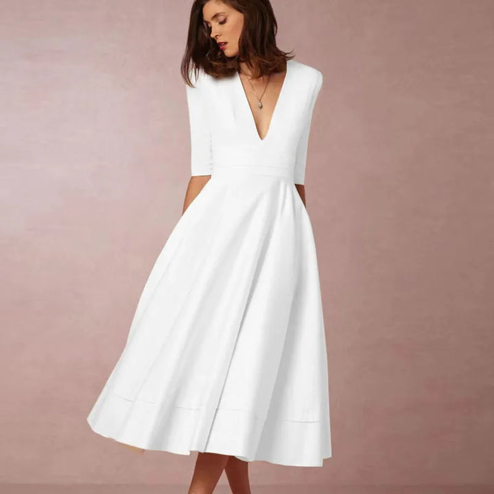 Robe midi élégante col V et manches 3/4