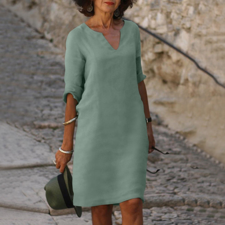 Solvane | Robe Midi Femme à Col en V et Manches Trois Quarts