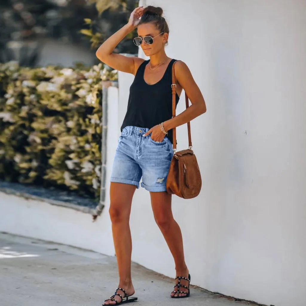 Short denim taille haute décontracté femme