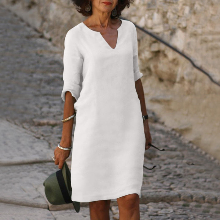 Solvane | Robe Midi Femme à Col en V et Manches Trois Quarts