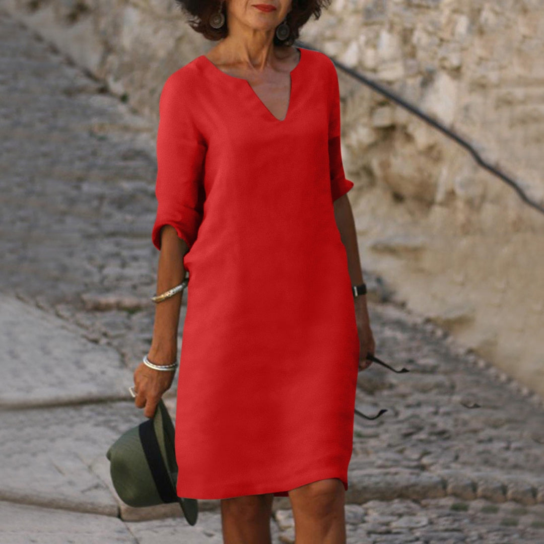 Solvane | Robe Midi Femme à Col en V et Manches Trois Quarts