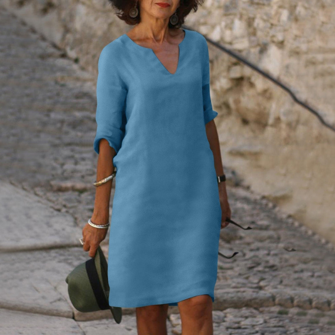Solvane | Robe Midi Femme à Col en V et Manches Trois Quarts