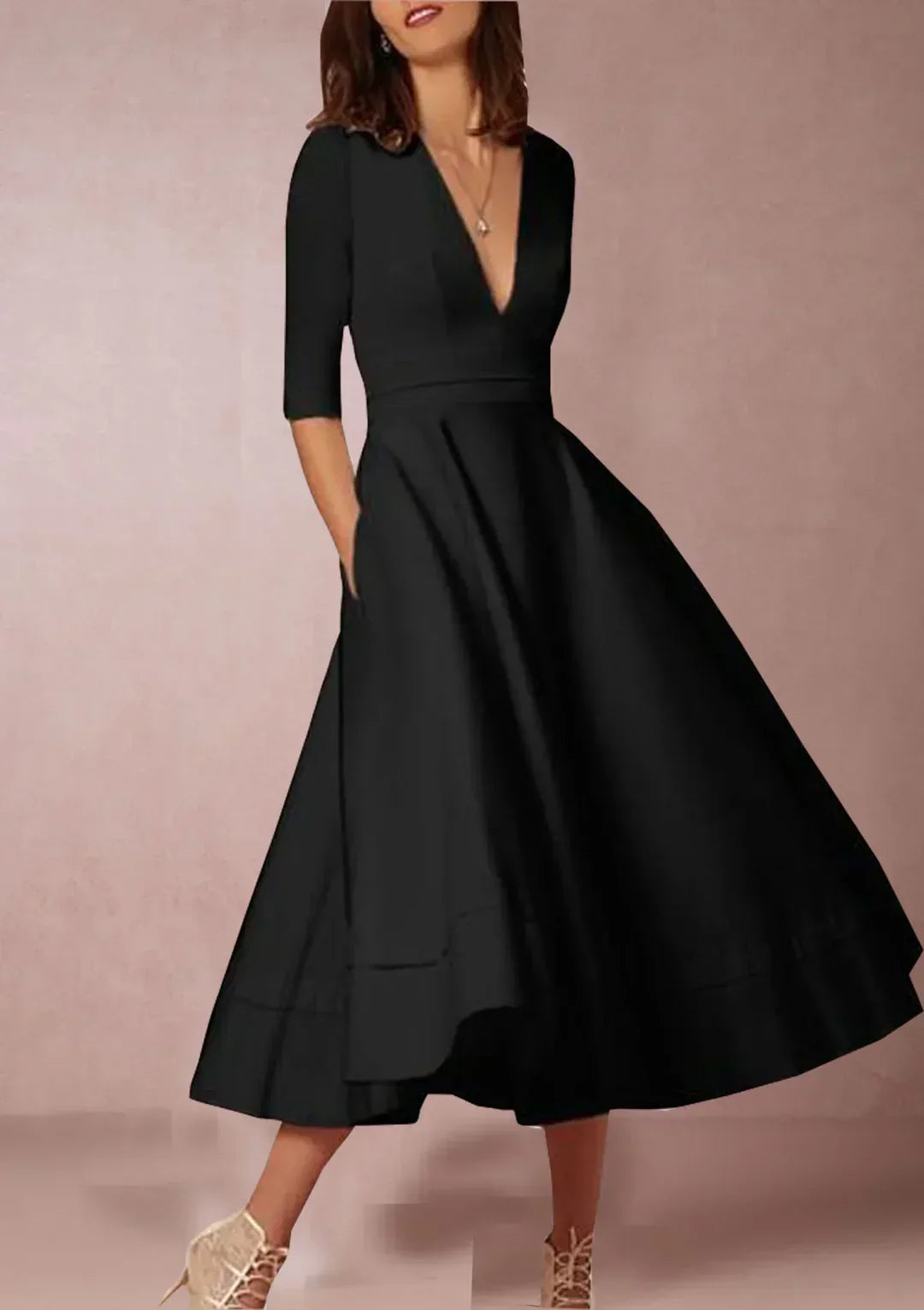 Robe midi élégante col V et manches 3/4