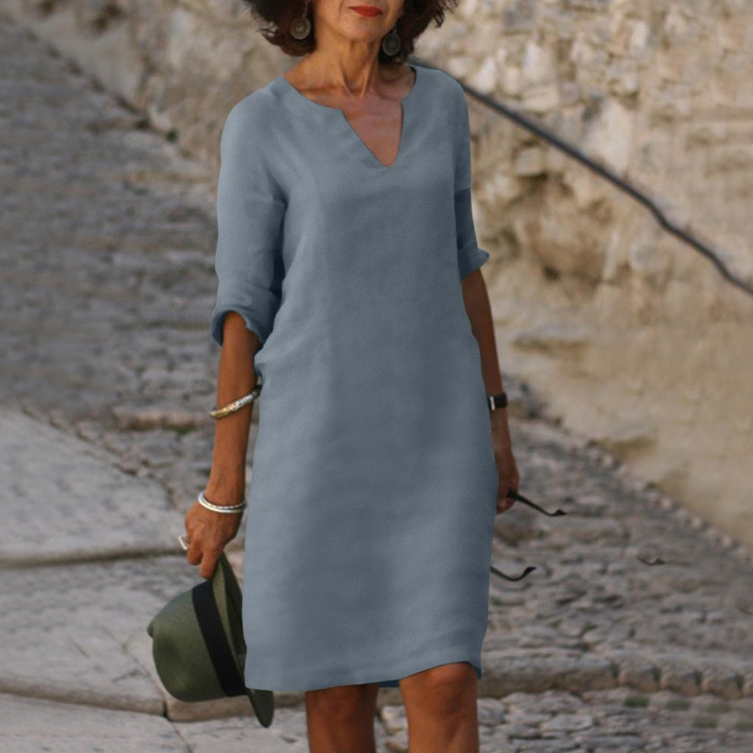 Solvane | Robe Midi Femme à Col en V et Manches Trois Quarts