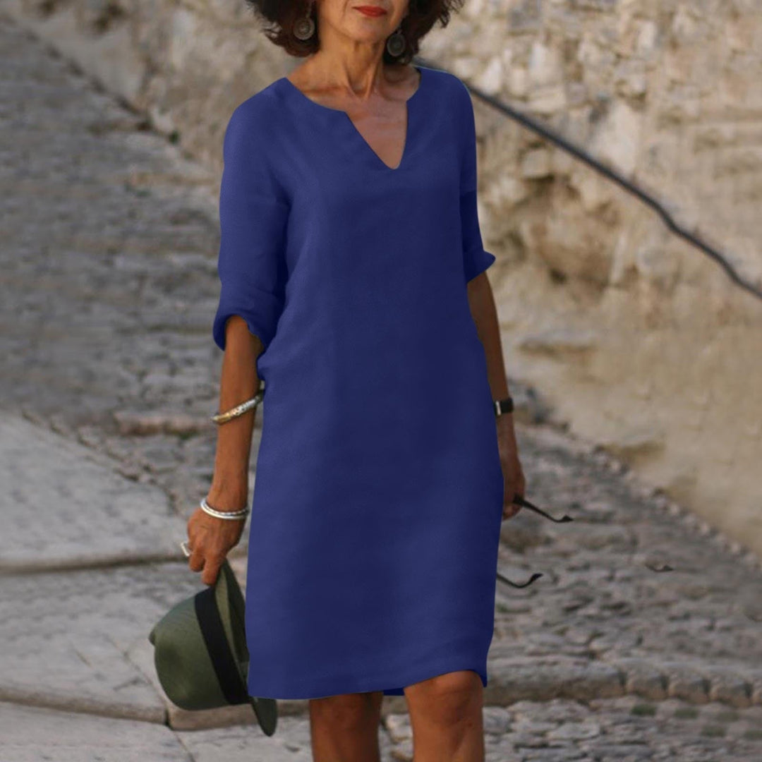Solvane | Robe Midi Femme à Col en V et Manches Trois Quarts