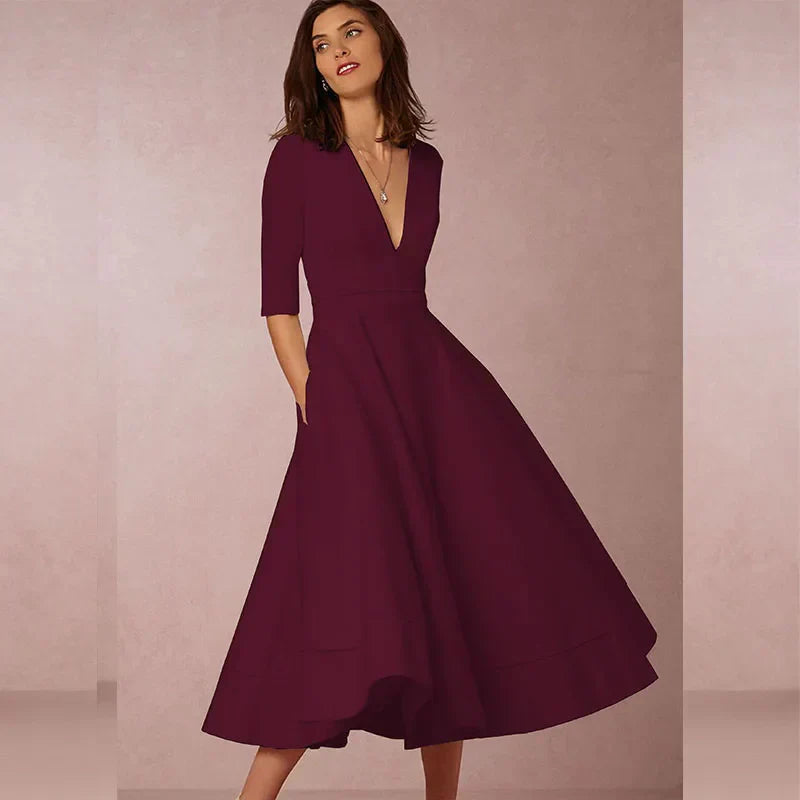 Robe midi élégante col V et manches 3/4