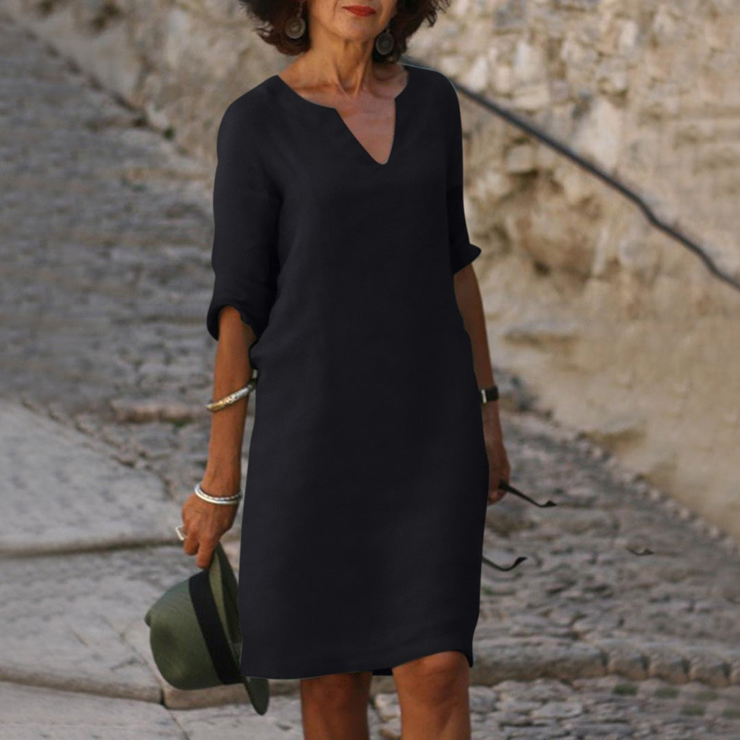 Solvane | Robe Midi Femme à Col en V et Manches Trois Quarts