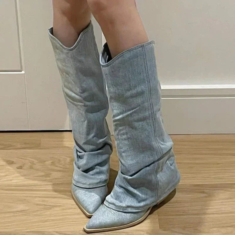 Bottines slouch en denim, style western moderne