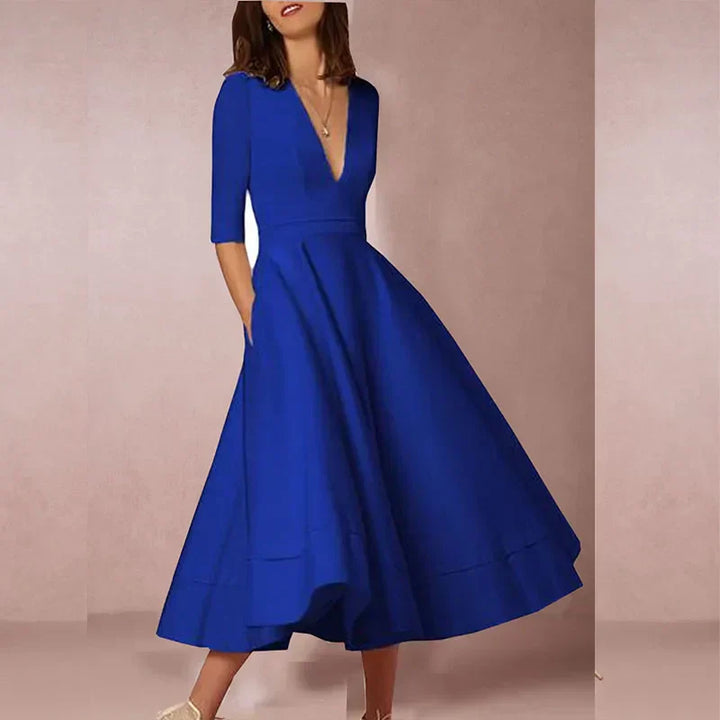 Robe midi élégante col V et manches 3/4