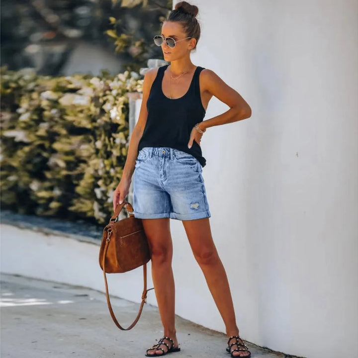 Short denim taille haute décontracté femme