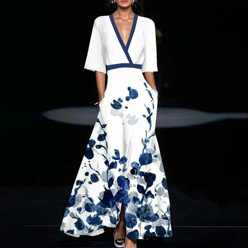 Robe longue à fleurs, coupe fluide et taille haute