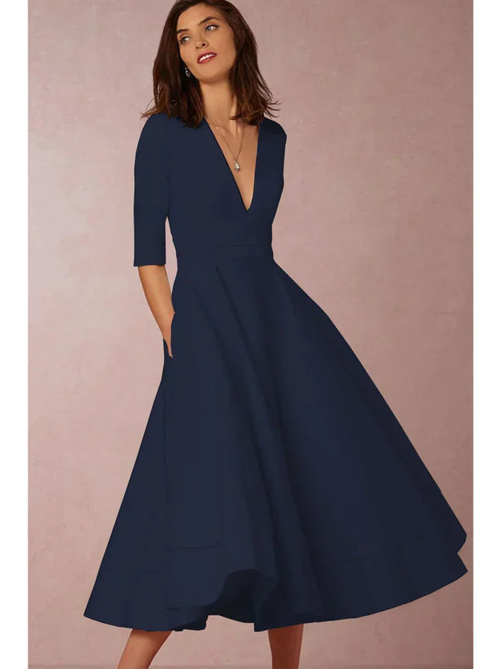 Robe midi élégante col V et manches 3/4