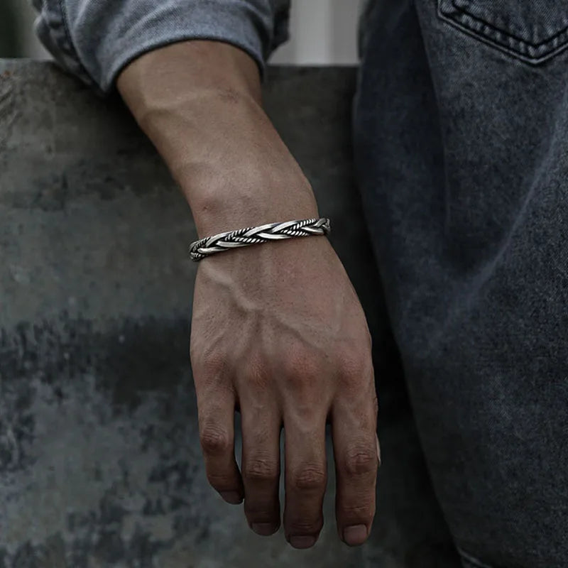 Tavaren | Bracelet Manchette Homme Argent Tressé