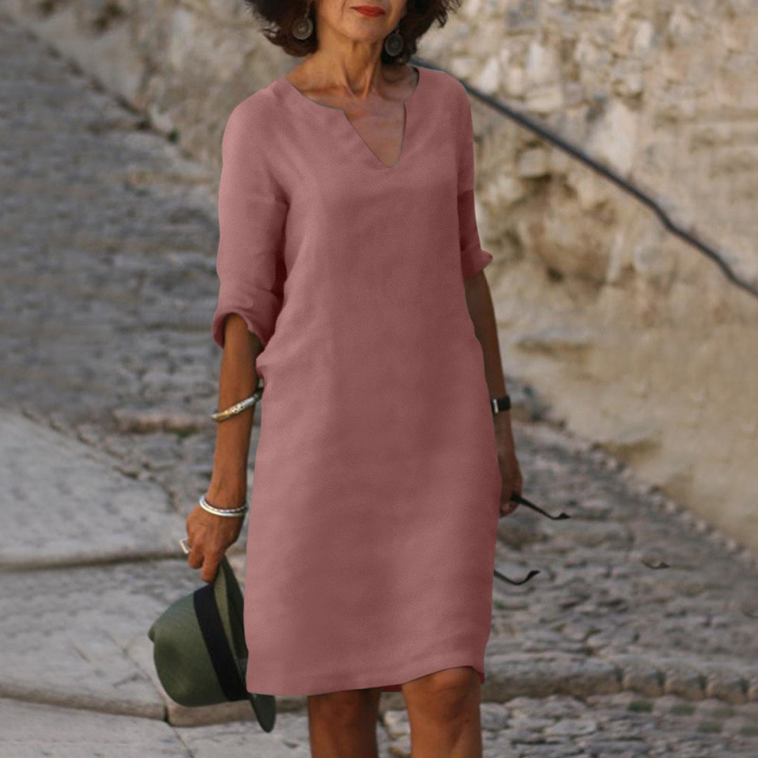 Solvane | Robe Midi Femme à Col en V et Manches Trois Quarts