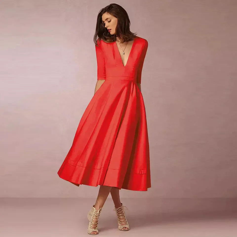 Robe midi élégante col V et manches 3/4