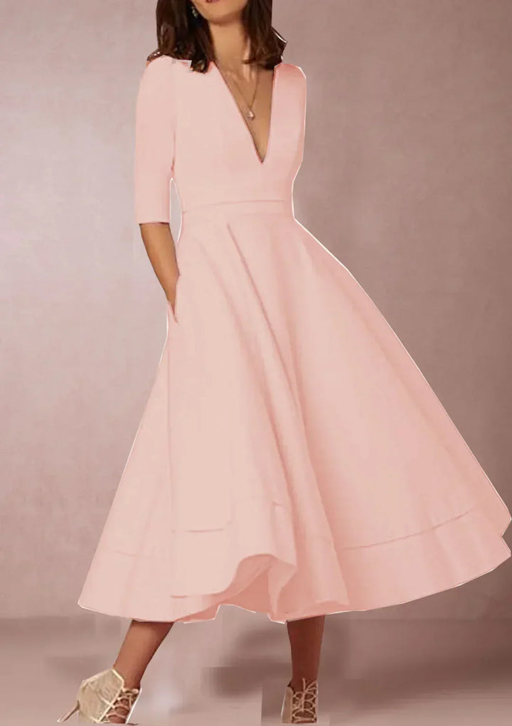 Robe midi élégante col V et manches 3/4