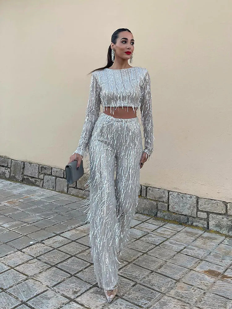 Set scintillant à paillettes, top et jupe ajustée