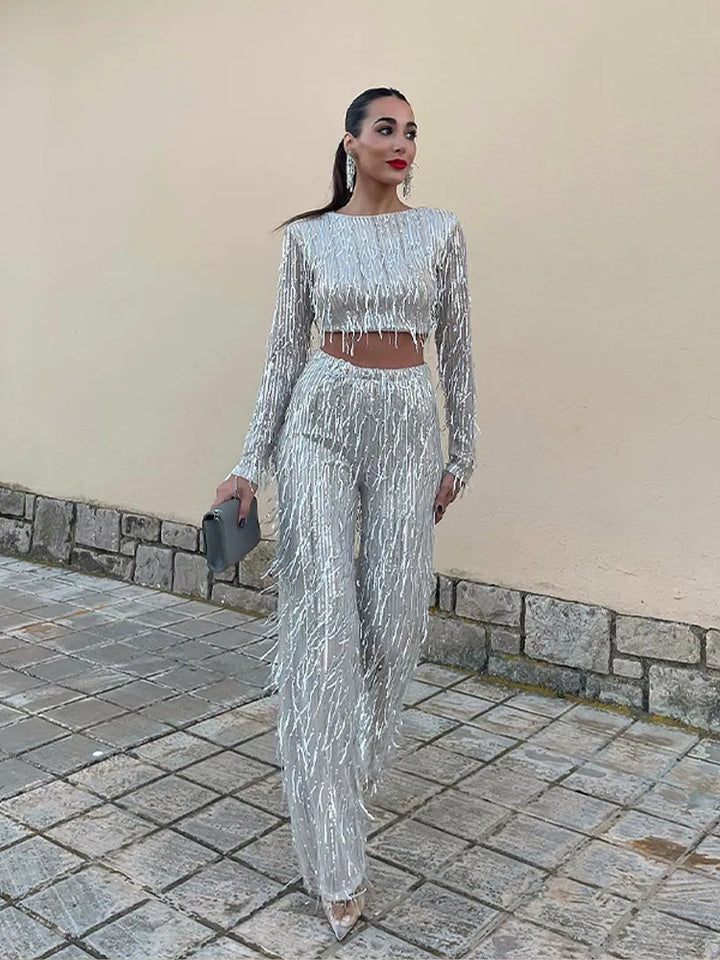 Set scintillant à paillettes, top et jupe ajustée