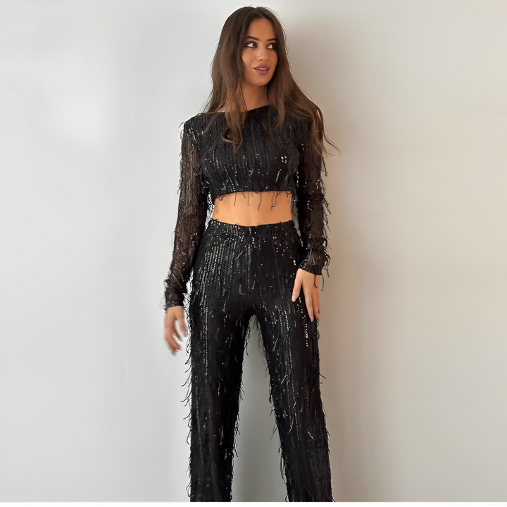 Set scintillant à paillettes, top et jupe ajustée