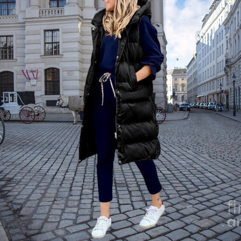 Coralie | Gilet Long Matelassé à Capuche