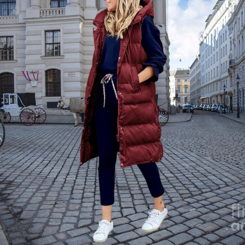 Coralie | Gilet Long Matelassé à Capuche