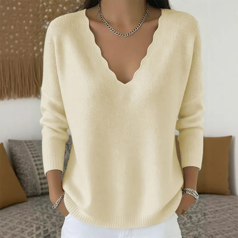 Elise | Pull Femme en Maille à Col V Festonné