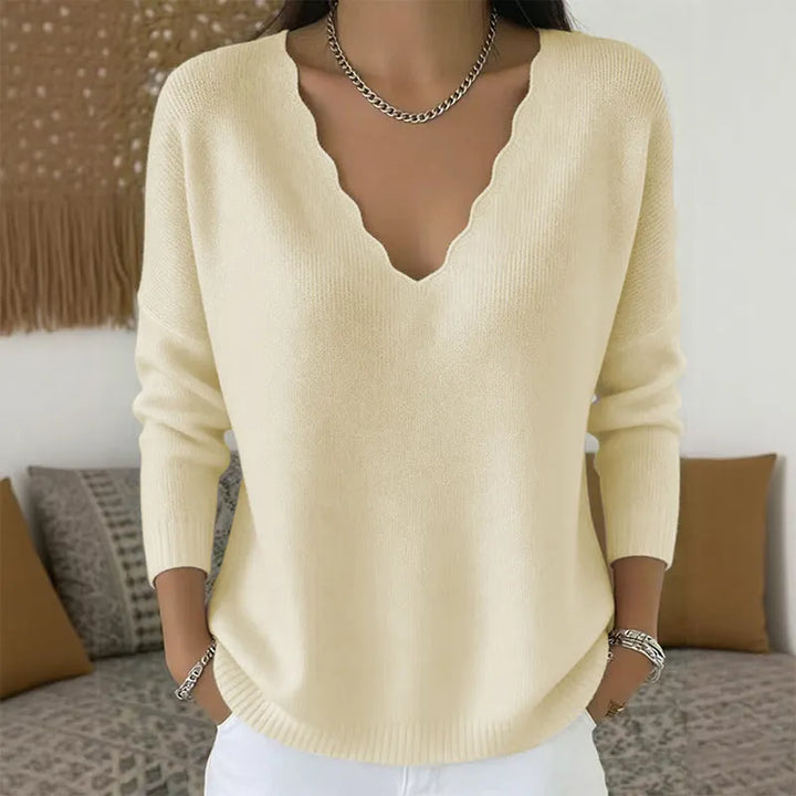 Elise | Pull Femme en Maille à Col V Festonné