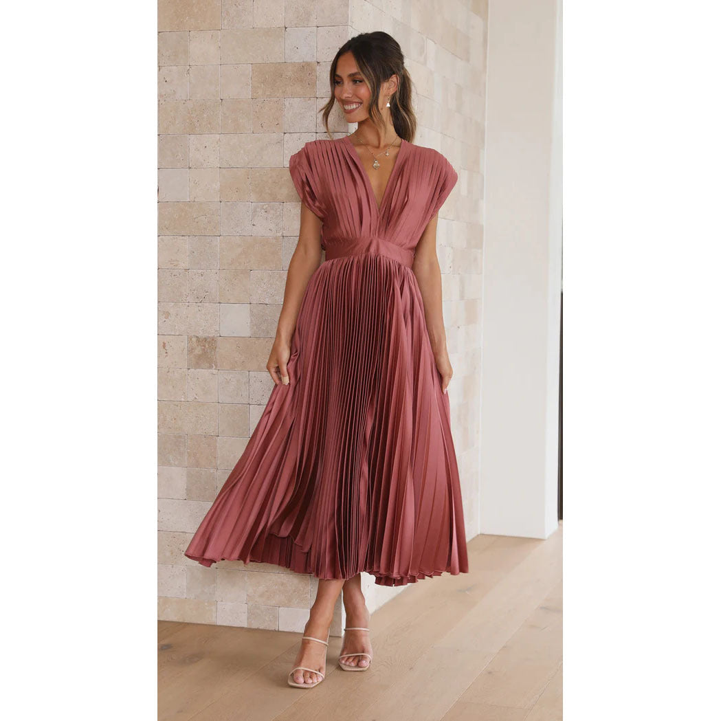Robe midi plissée élégante avec col en V