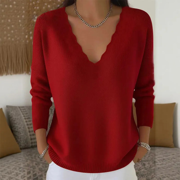 Elise | Pull Femme en Maille à Col V Festonné