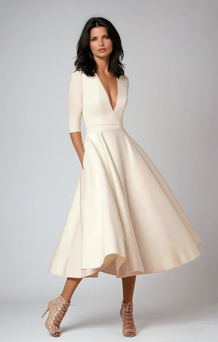 Robe midi élégante col V et manches 3/4