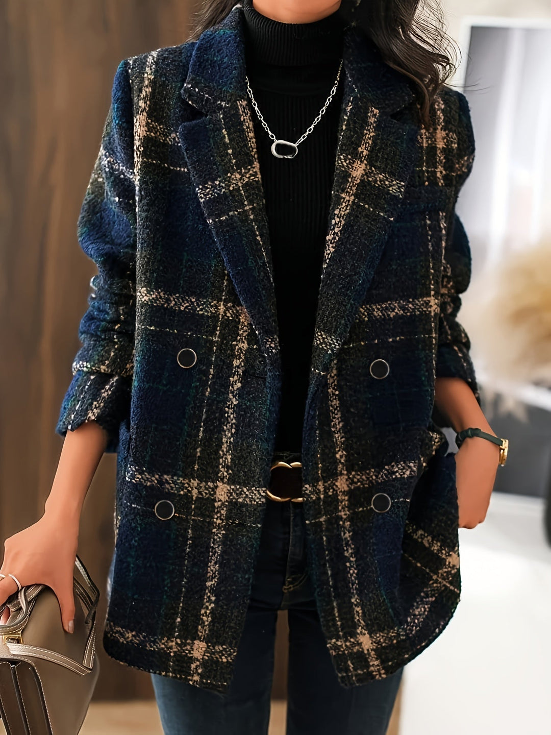 Manteau classique à carreaux à double boutonnage pour femme | Isaline