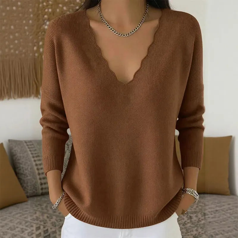Elise | Pull Femme en Maille à Col V Festonné