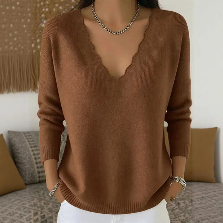 Elise | Pull Femme en Maille à Col V Festonné