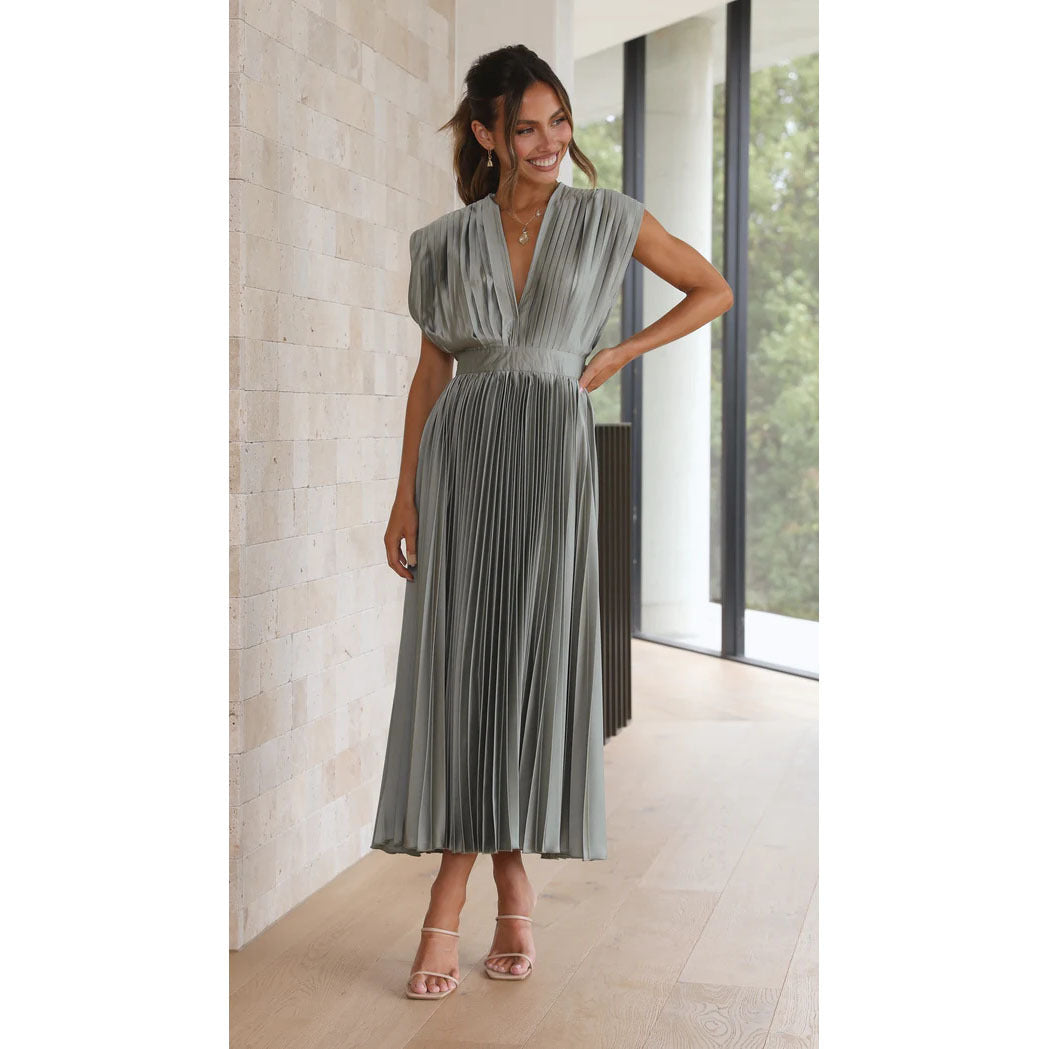 Robe midi plissée élégante avec col en V