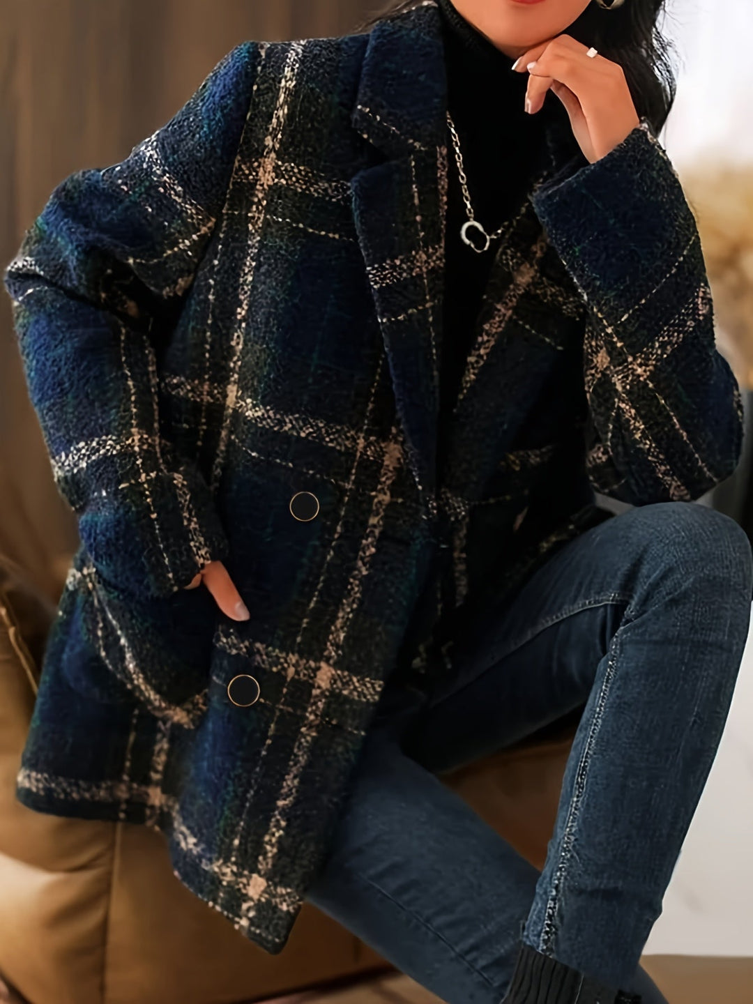 Manteau classique à carreaux à double boutonnage pour femme | Isaline