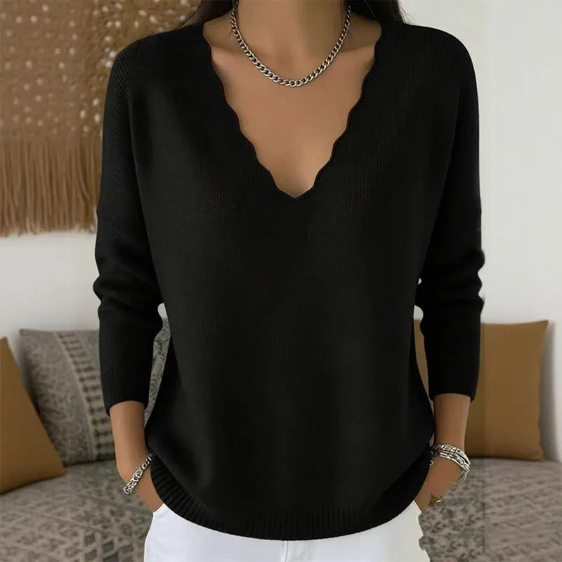 Elise | Pull Femme en Maille à Col V Festonné