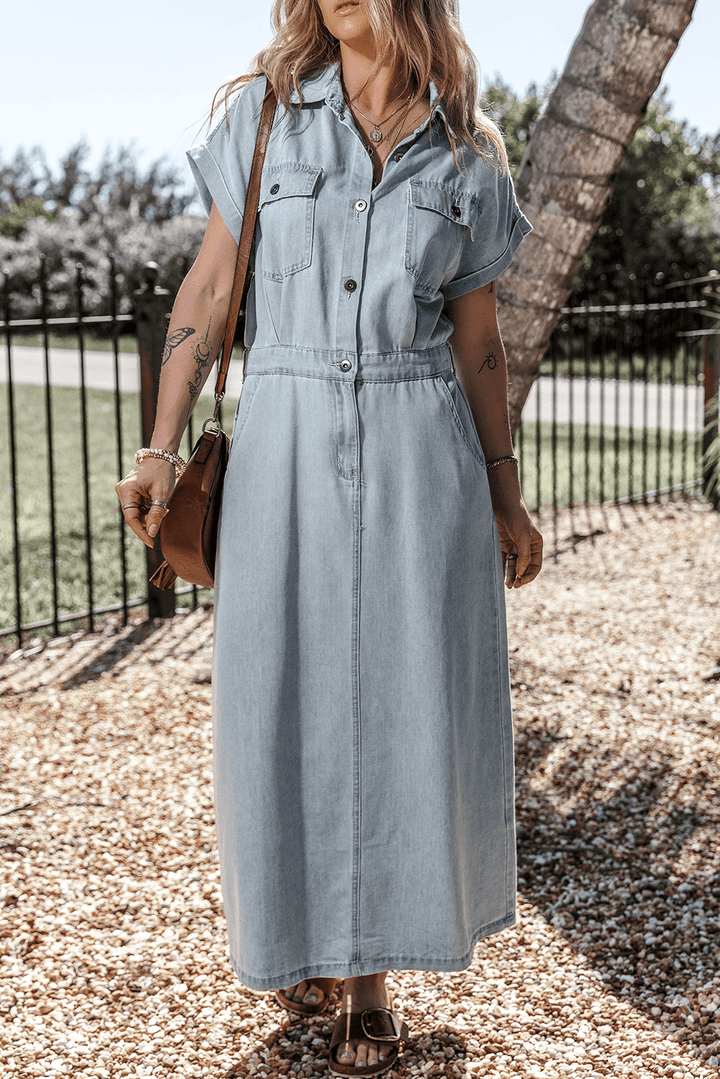 Robe midi en jean fluide manches courtes