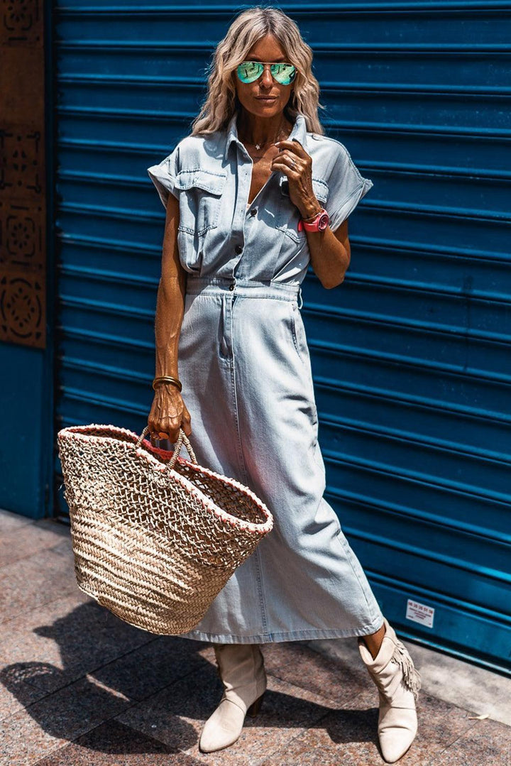 Robe midi en jean fluide manches courtes