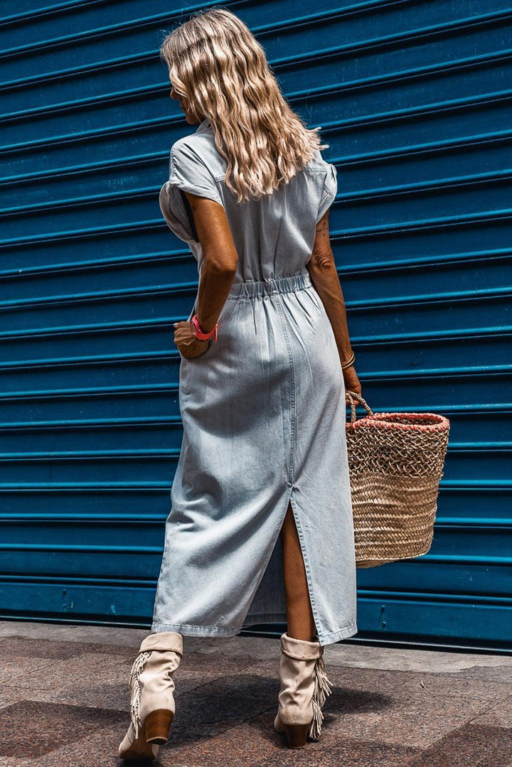 Robe midi en jean fluide manches courtes